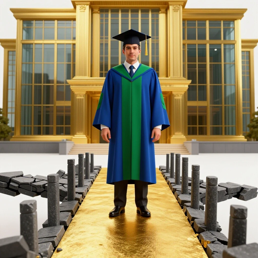 Academic robe and mortarboard stand at the edge of a fractured bridge leading to a golden path and grand academic building.
