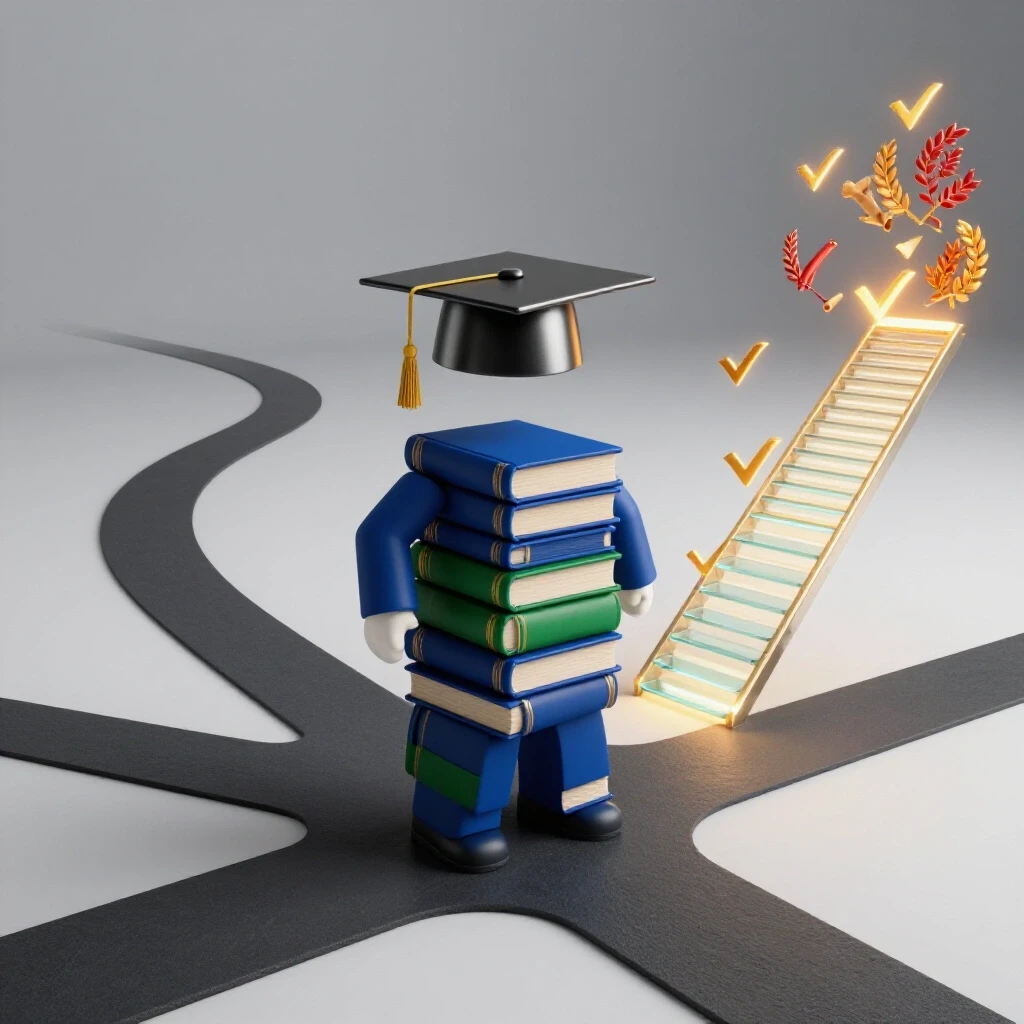 Symbolic crossroads with academic book figure and graduation cap deciding between shadowy path and bright staircase lined with academic icons.