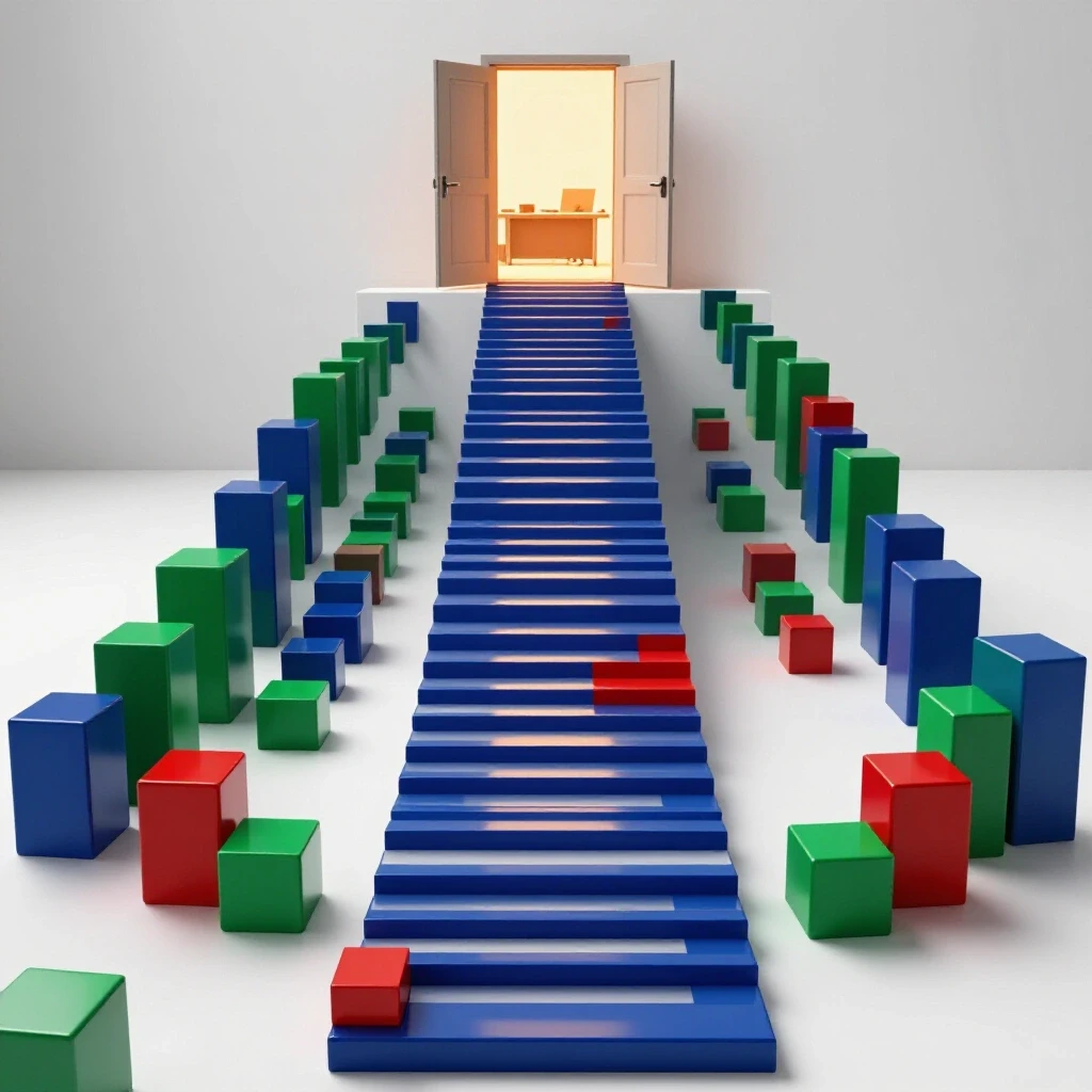 A luminous pathway of vibrant academic blocks rising toward a glowing office door, symbolizing tenure journey.