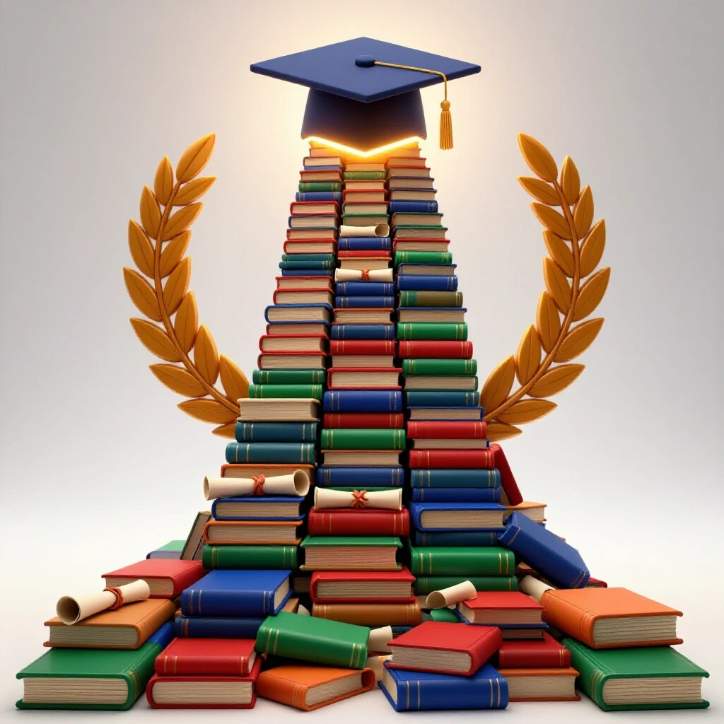 Richly colored academic symbols form an upward path to a glowing graduation cap on a bright white background.