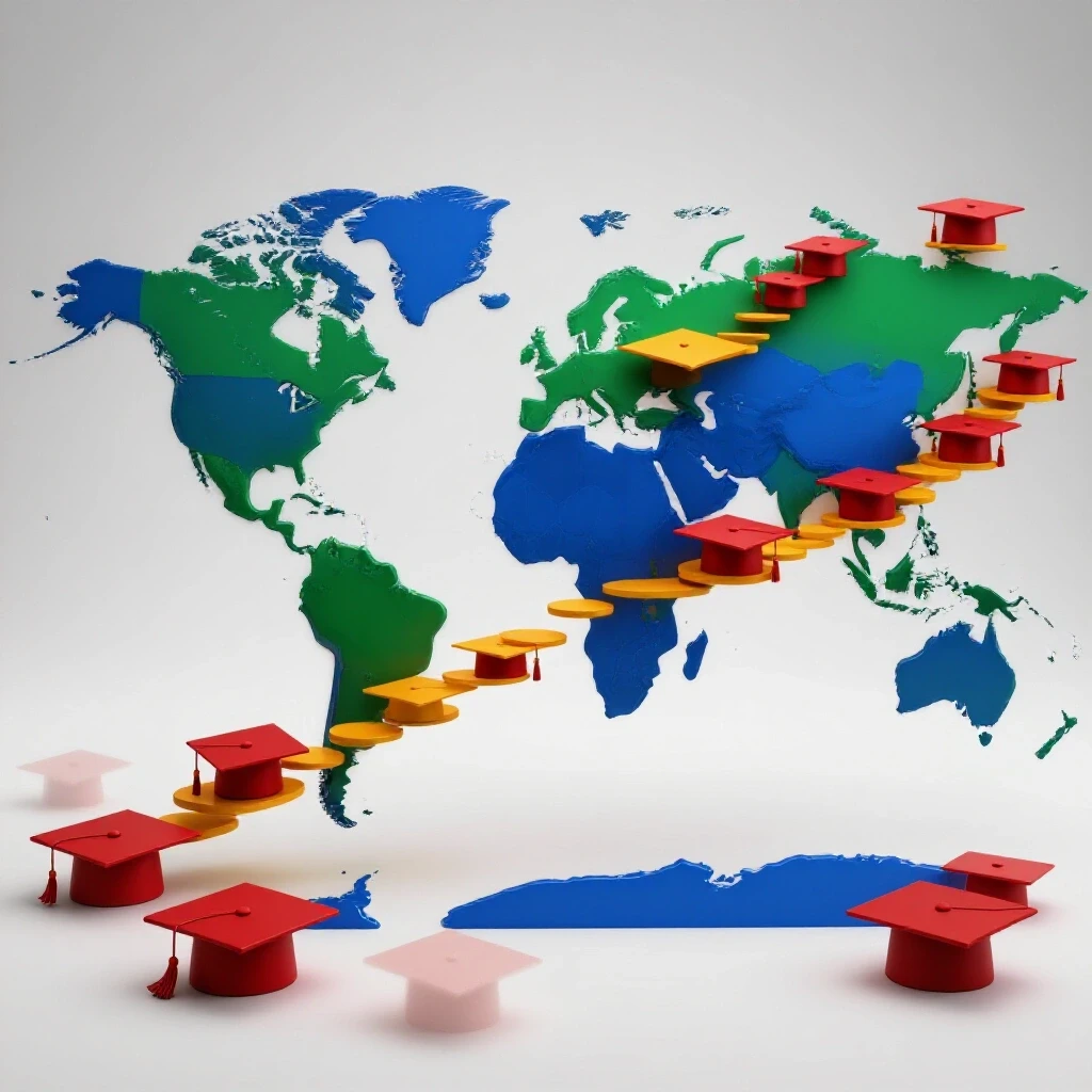 Graduation cap stepping stones span a vivid world map, symbolizing global TESOL career pathways.