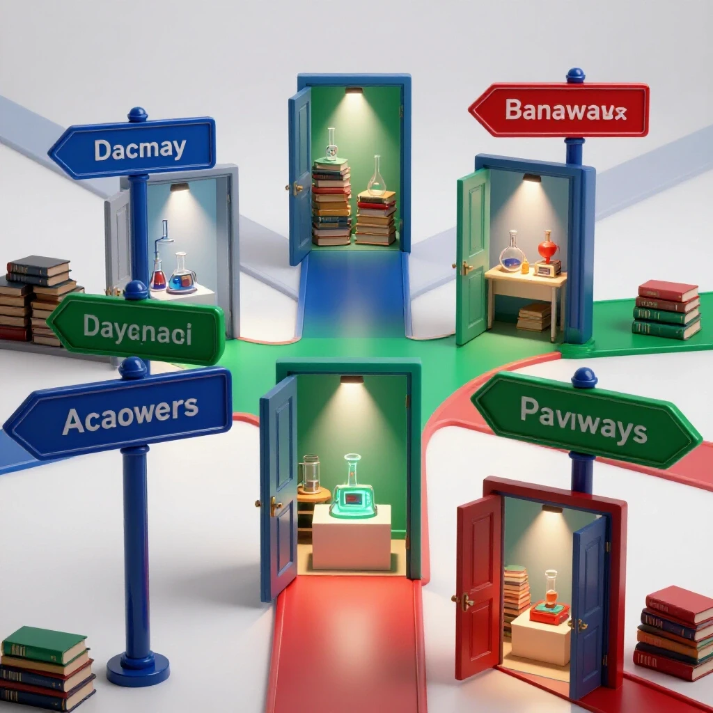 Crossroads with colorful signposted paths leading to illuminated classrooms filled with distinct academic symbols.
