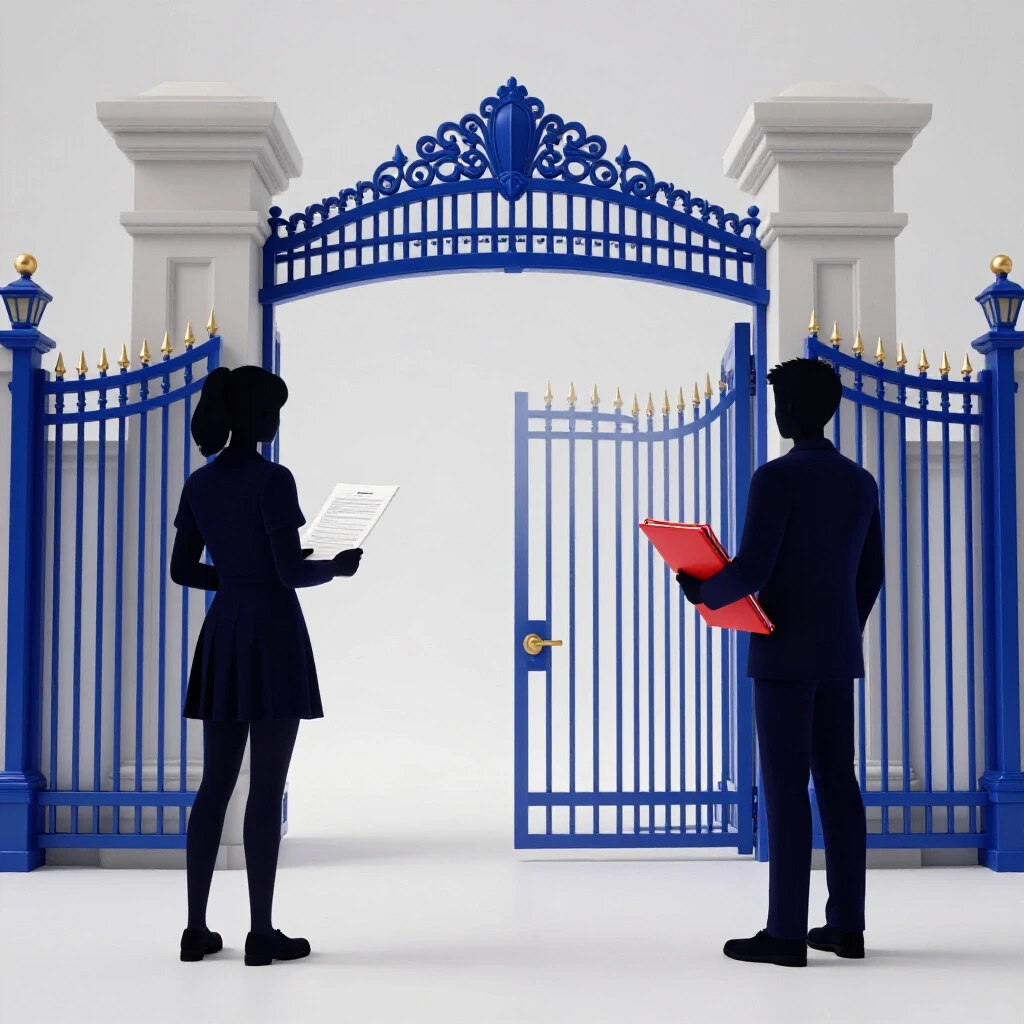 Split scene showing two students, one with a test paper and another with an application folder, approaching an illuminated university gate.