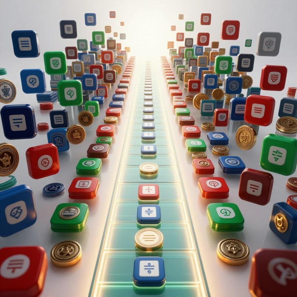 Glowing pathway leads through vibrant floating app icons and metallic certification badges toward a bright goal.