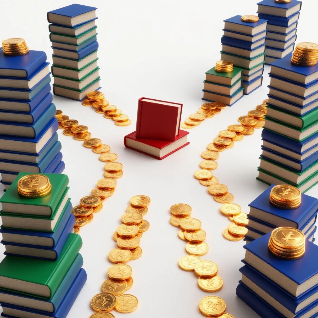 A crossroads with stacked books and glowing coins on one path, fading into uncertainty on the other, symbolizing student test prep decisions.