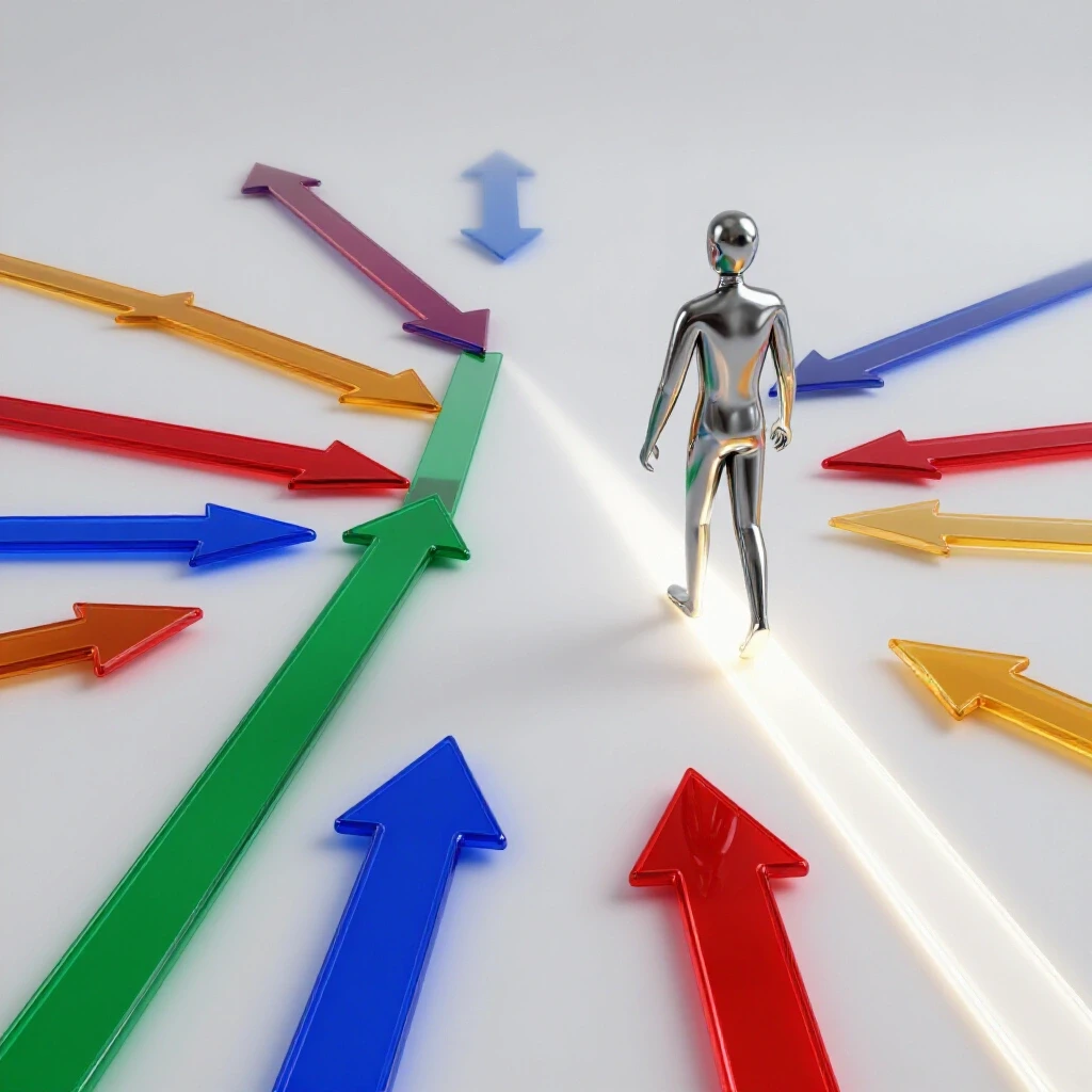 A split scene shows a figure facing many colorful paths on one side and confidently walking a clear, bright path on the other.