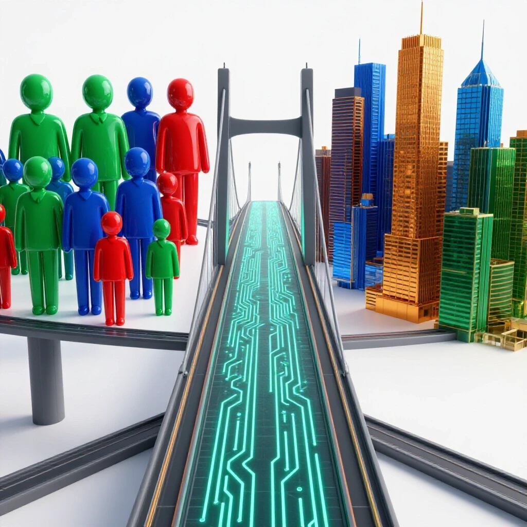 A digital circuit bridge connects colorful student symbols to a glowing cityscape, illustrating pathways to careers.