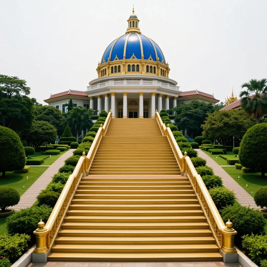 A grand golden staircase leads to a glowing Thai-style university dome surrounded by lush green campus landscaping.