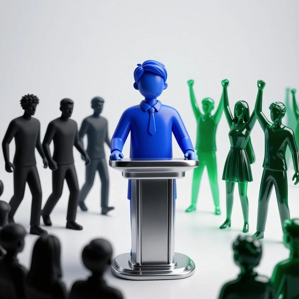 A symbolic student at a central podium faces an audience transforming from dark shapes to supportive, colorful silhouettes.