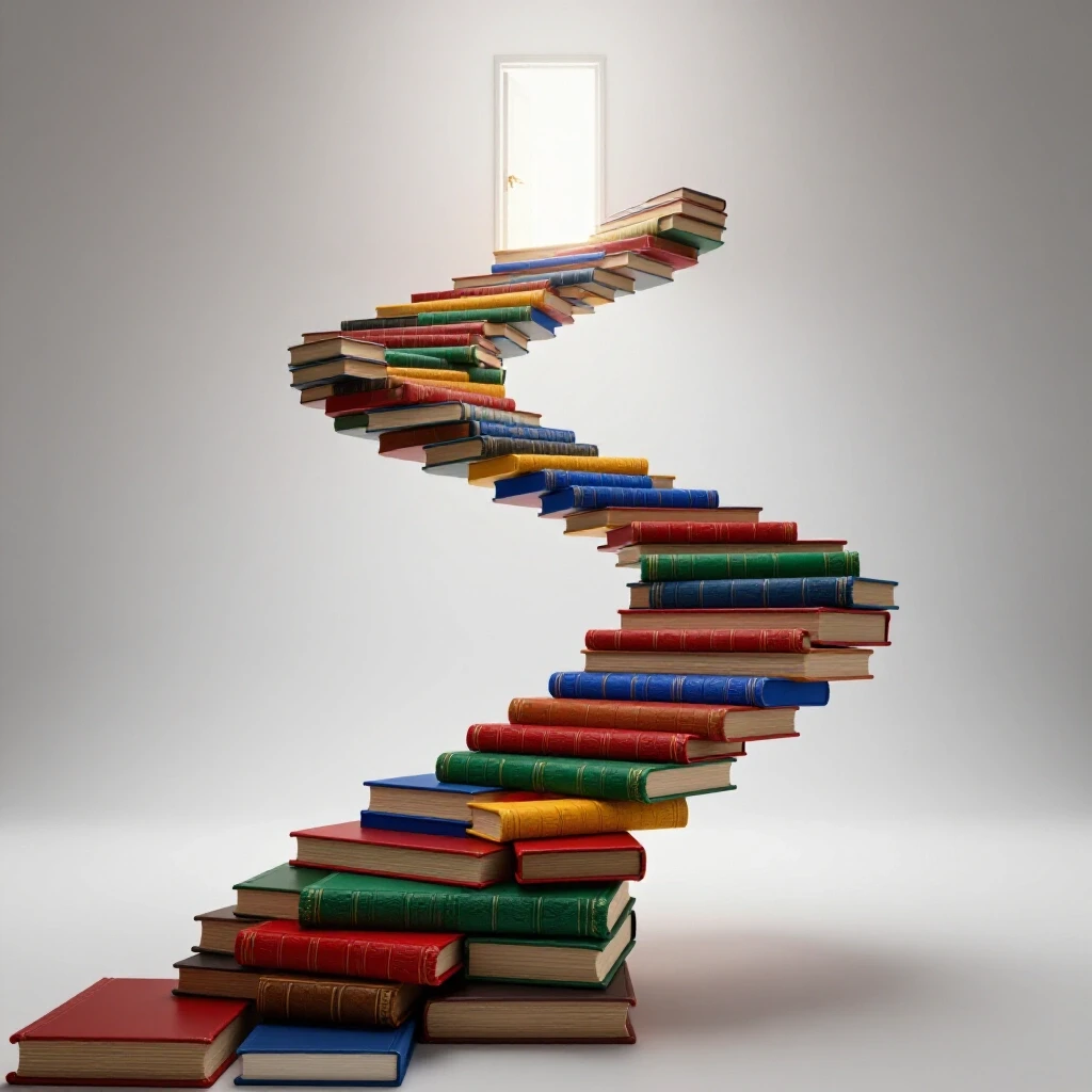 Winding staircase of stacked, richly colored books leading to a glowing doorway on a bright background.