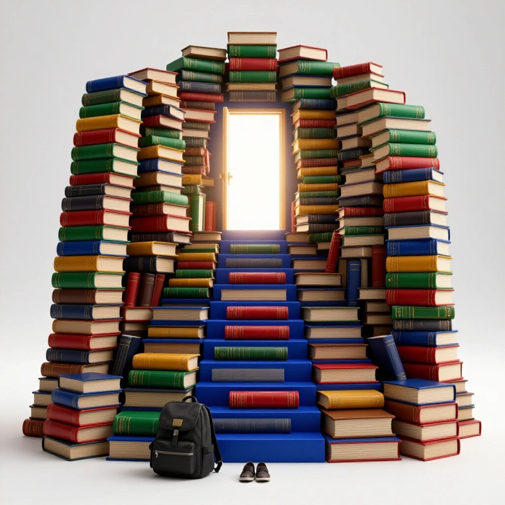 A staircase made of boldly colored books and research papers rises to a glowing doorway, with a backpack and shoes at the base signifying a student's journey.