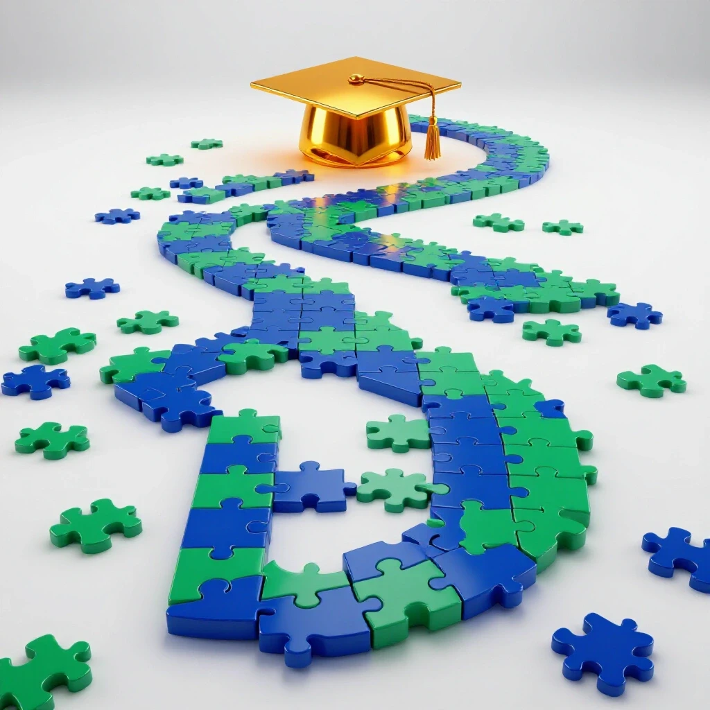 Winding puzzle piece path with missing sections leads to a glowing graduation cap on a bright background.