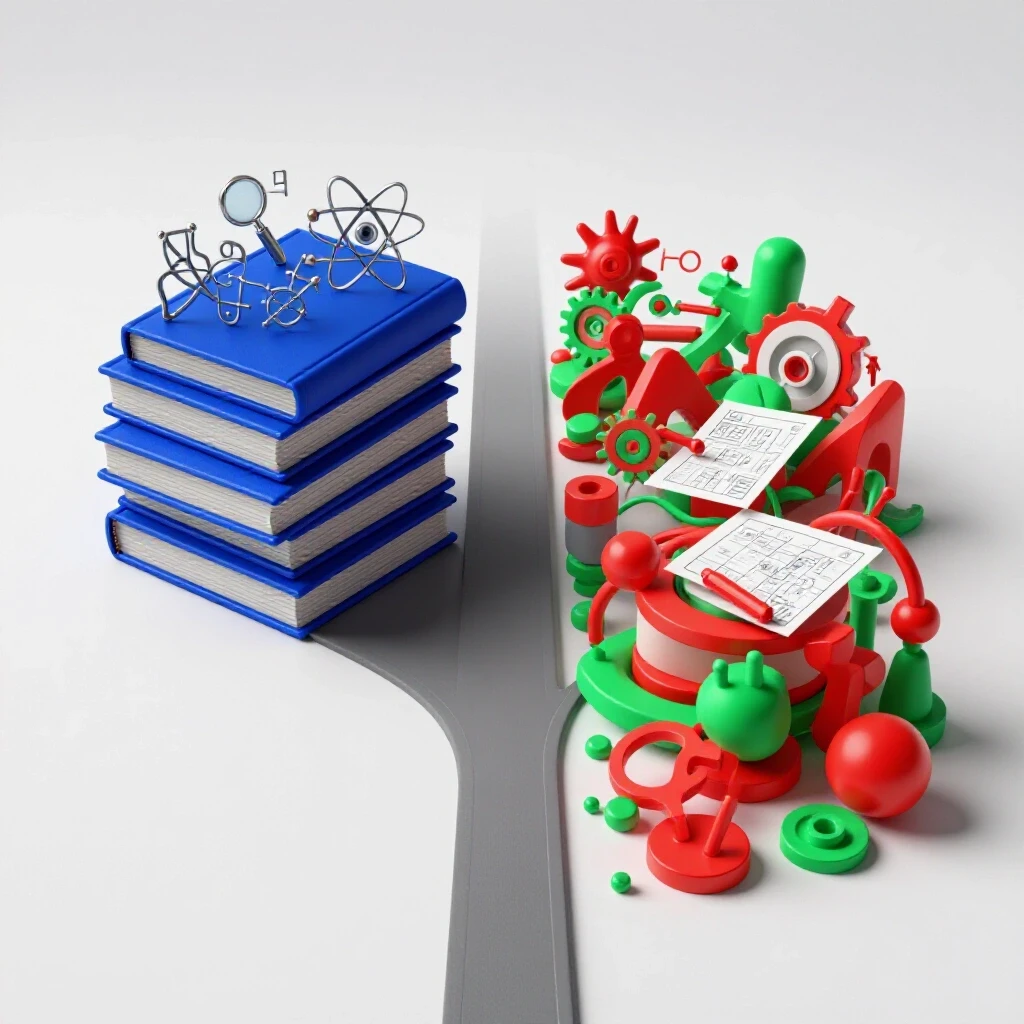 A split path diverges to a stack of blue books with research symbols on one side and a creative team project display on the other, set against a bright white background.