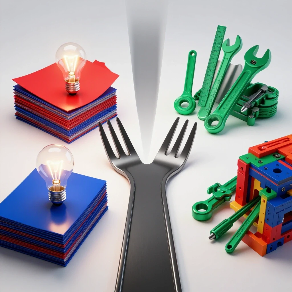 A forked path with research papers and a glowing lightbulb on one side, tools and a project on the other, set in a brightly lit studio.