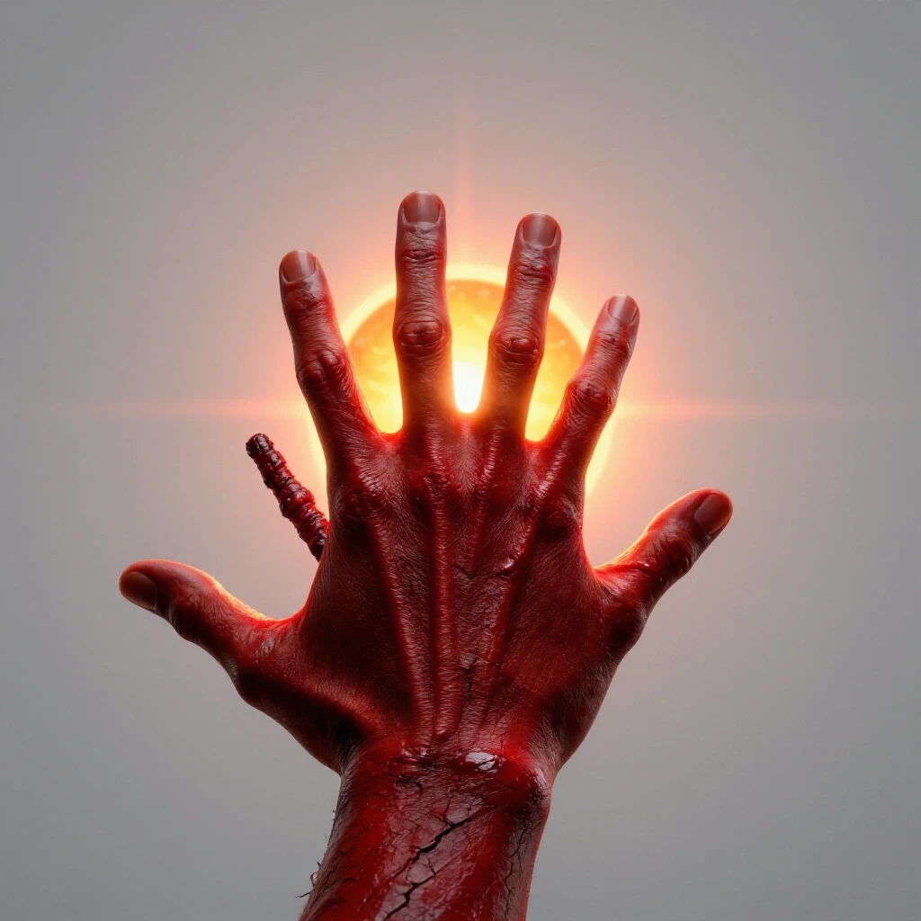Glossy, crimson-red blistered hand reaching toward a glowing sun on a bright light background