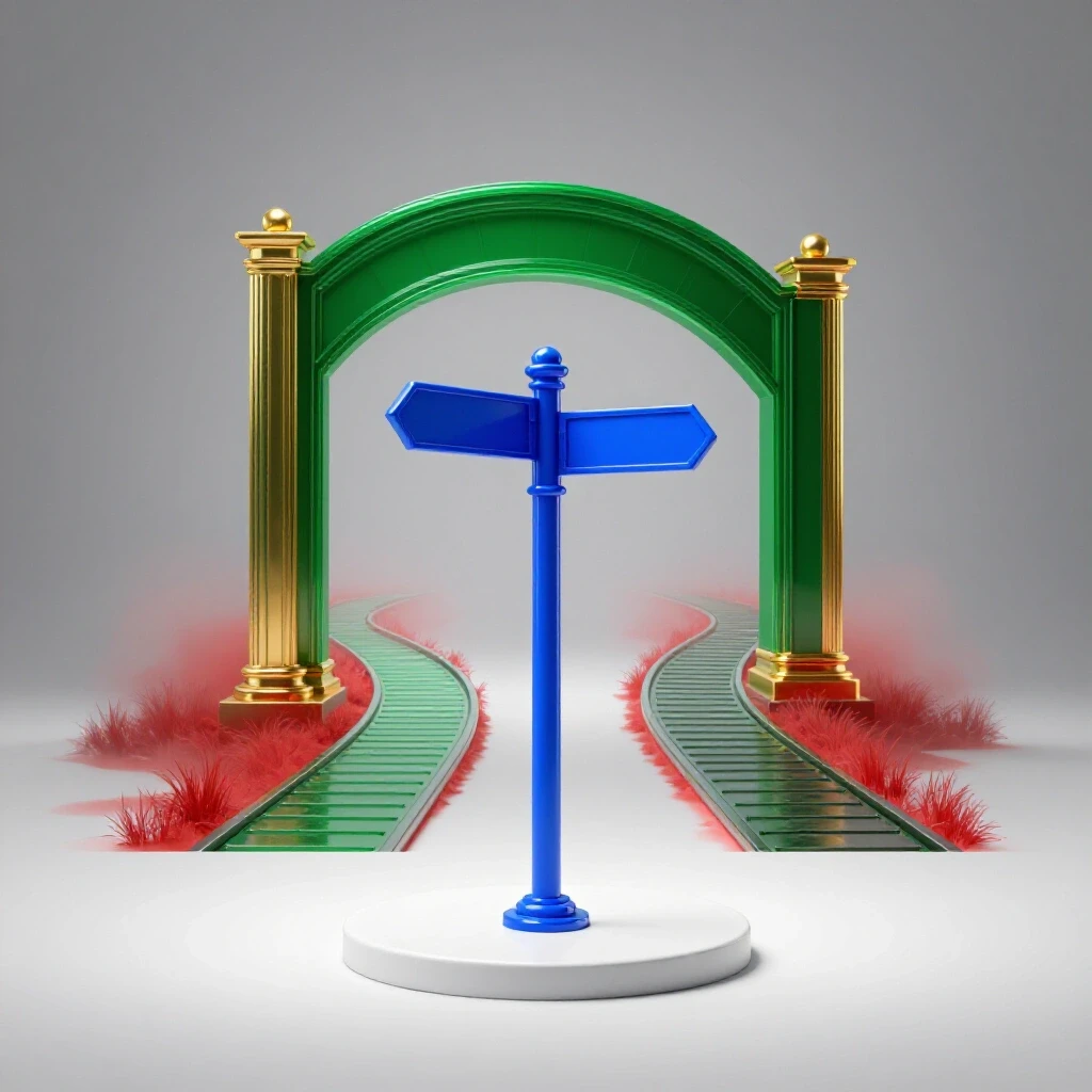A bright 3D scene of a crossroads with a royal blue signpost, one path leading to a vibrant finish line, the other fading into a foggy red landscape.