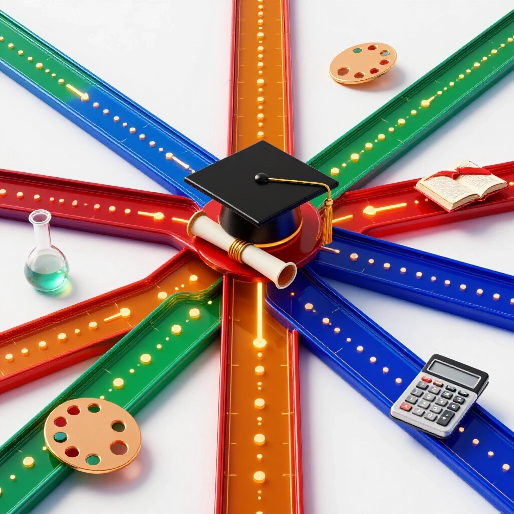Vividly colored intersecting clock-faced paths leading to academic symbols on a bright background