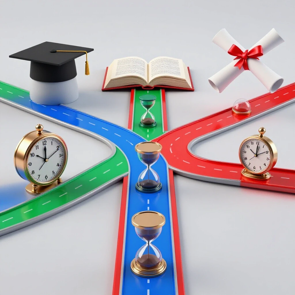 Multiple colored pathways at a well-lit crossroads, each lined with clocks and hourglasses leading to symbolic academic goals.