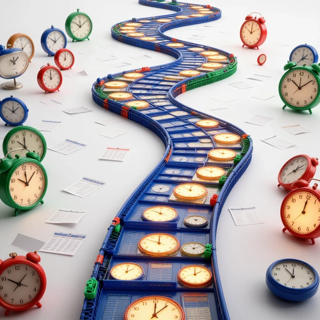 A winding path of glowing clock faces and calendar pages symbolizing time management and progress