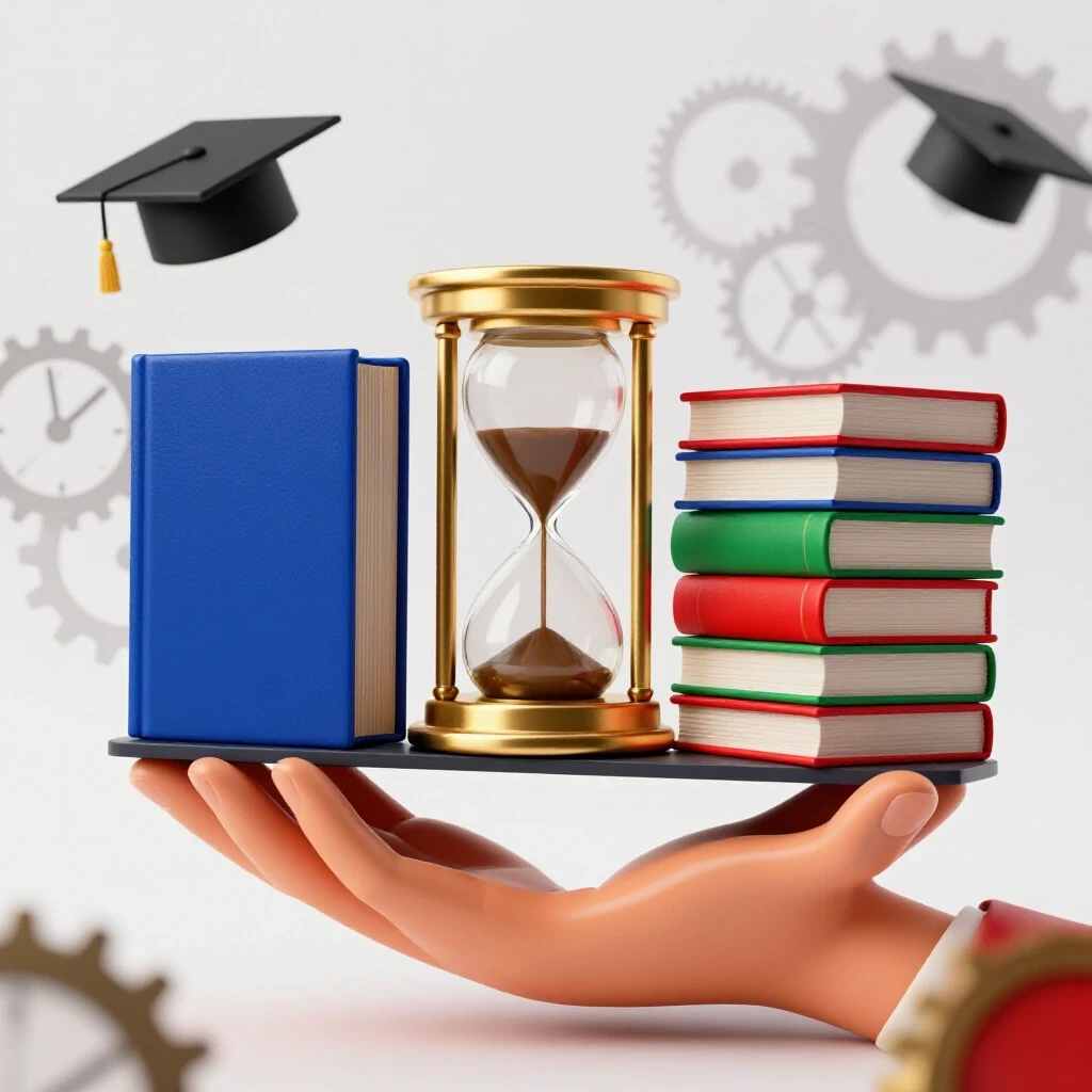 Balancing an hourglass and a colorful stack of books with clock gears and academic icons in a bright background