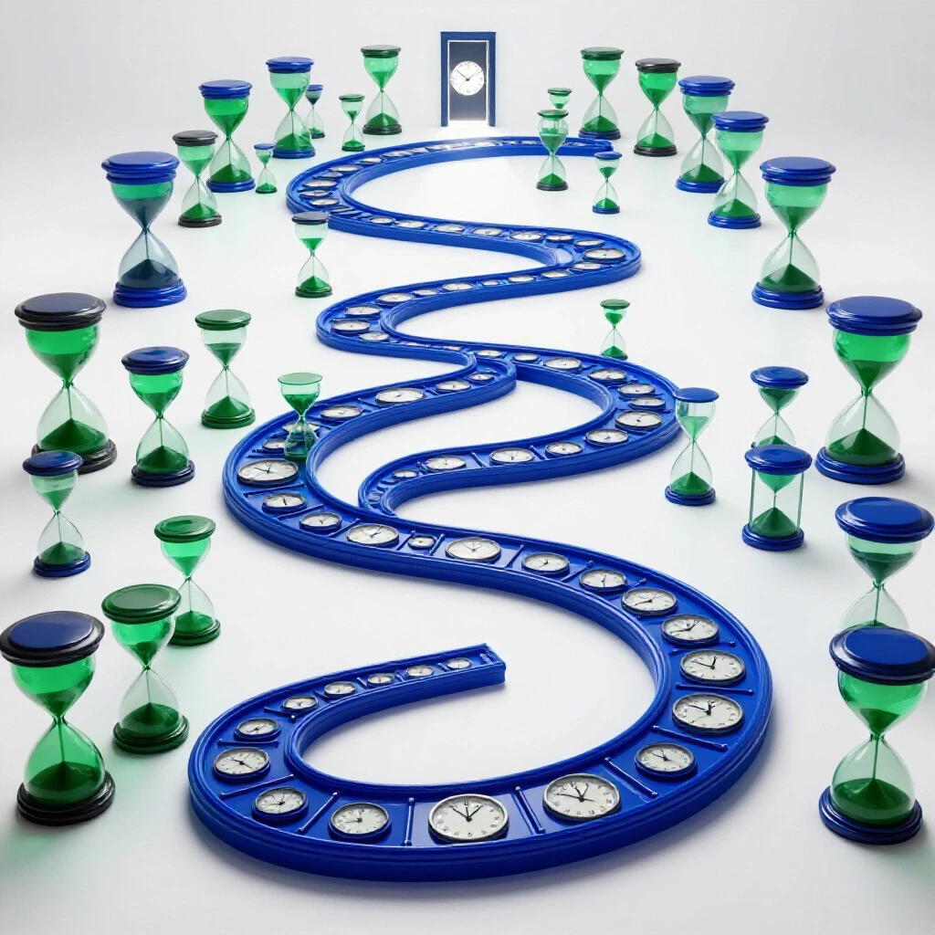 A winding path of rich-colored clocks and hourglasses leads to a bright open doorway on a white background.