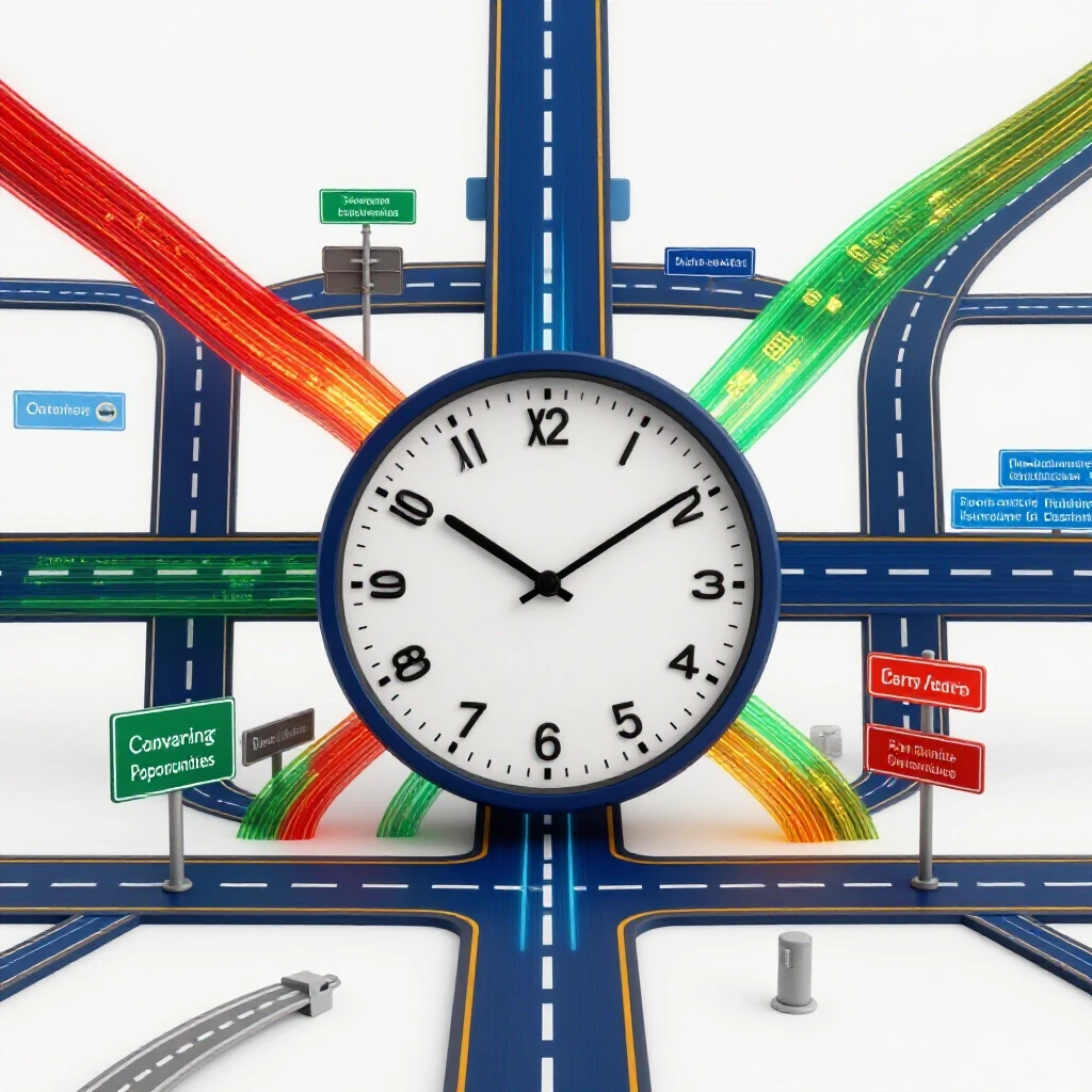 Glossy clock face merges into vibrant crossroads of career paths connected by dynamic data streams.