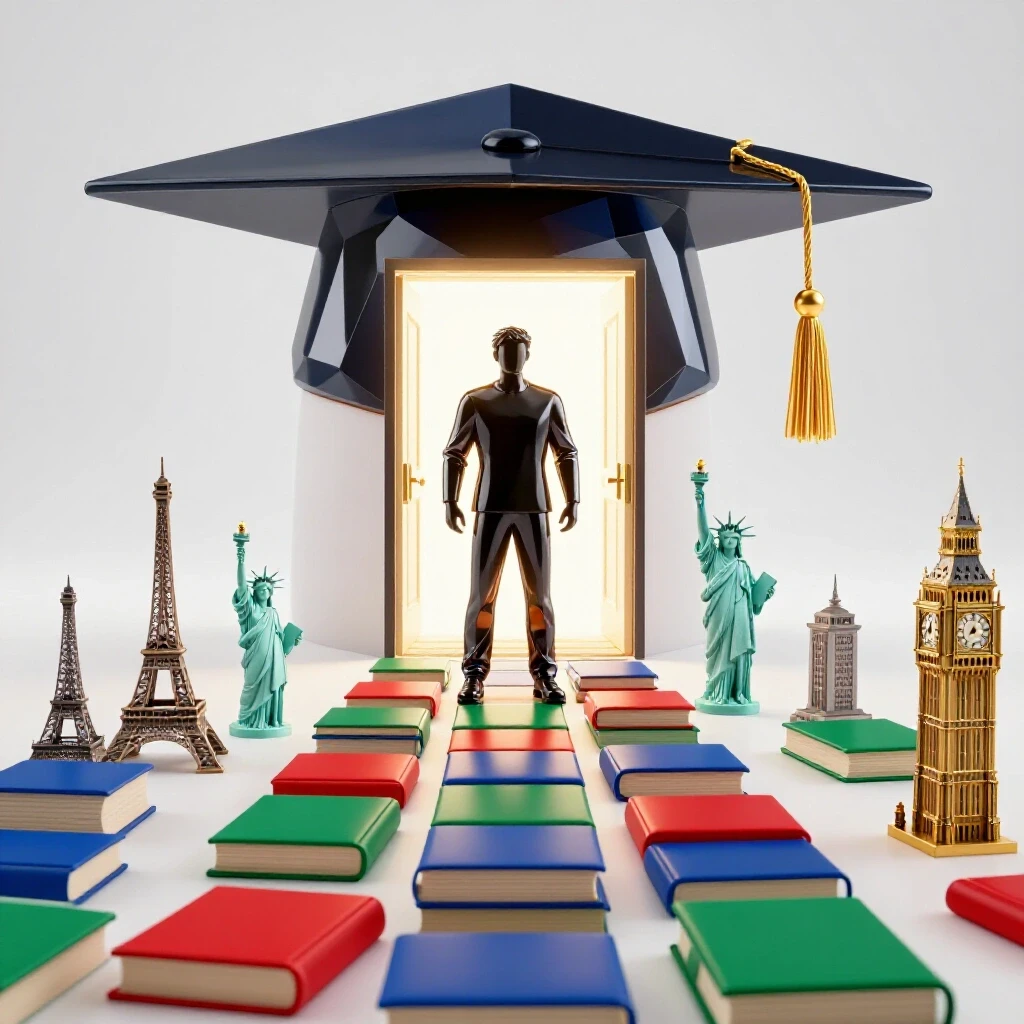 Confident student at glowing graduation cap doorway, floating books and international landmarks in bright colors