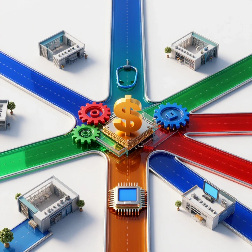 Colorful crossroads with symbolic icons and career pathways leading to vibrant workplaces on a bright background.