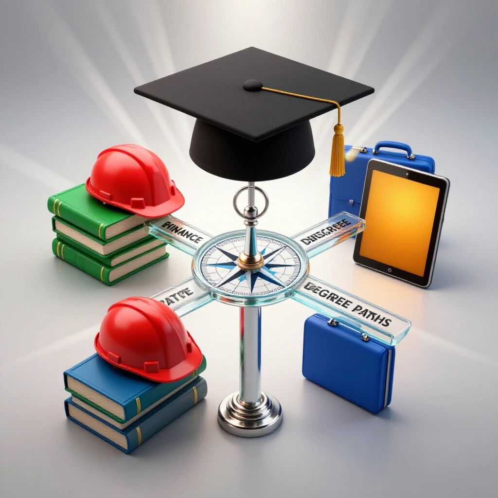 Central crossroads with degree symbols and a tall graduation cap in the background, bright rays highlighting career pathways