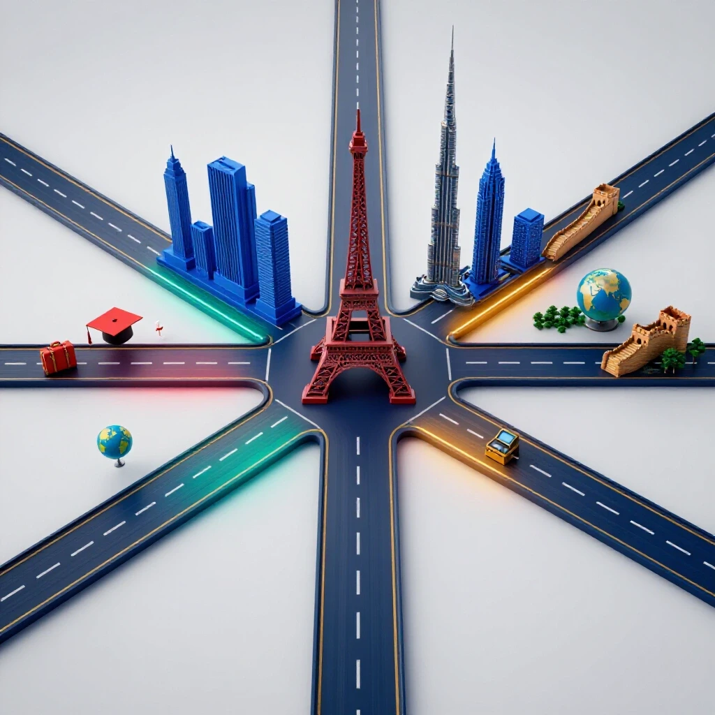 A vibrant, futuristic crossroads leads to global landmarks and cityscapes, symbolizing diverse international career paths.