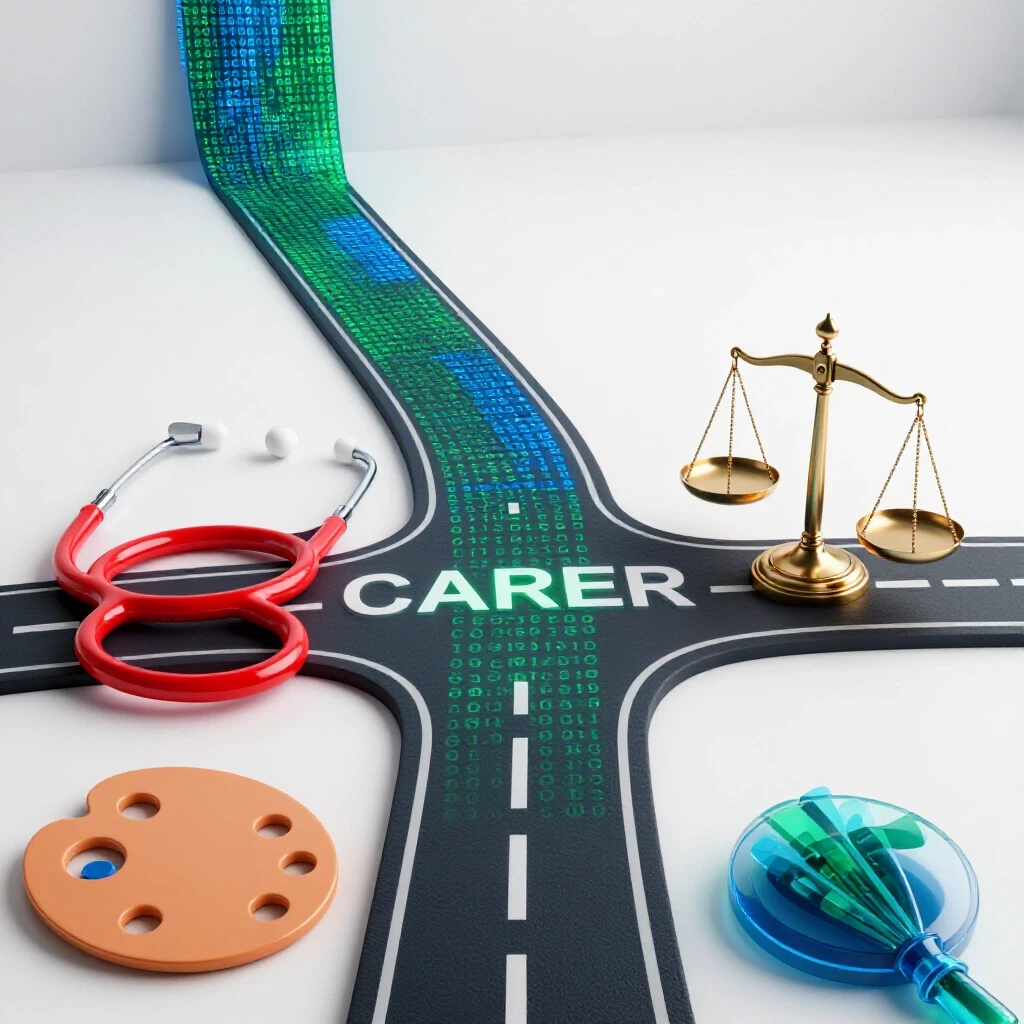Vivid crossroads scene with career symbols—stethoscope, justice scales, artist’s palette—leading away from fading digital code on a bright studio background.