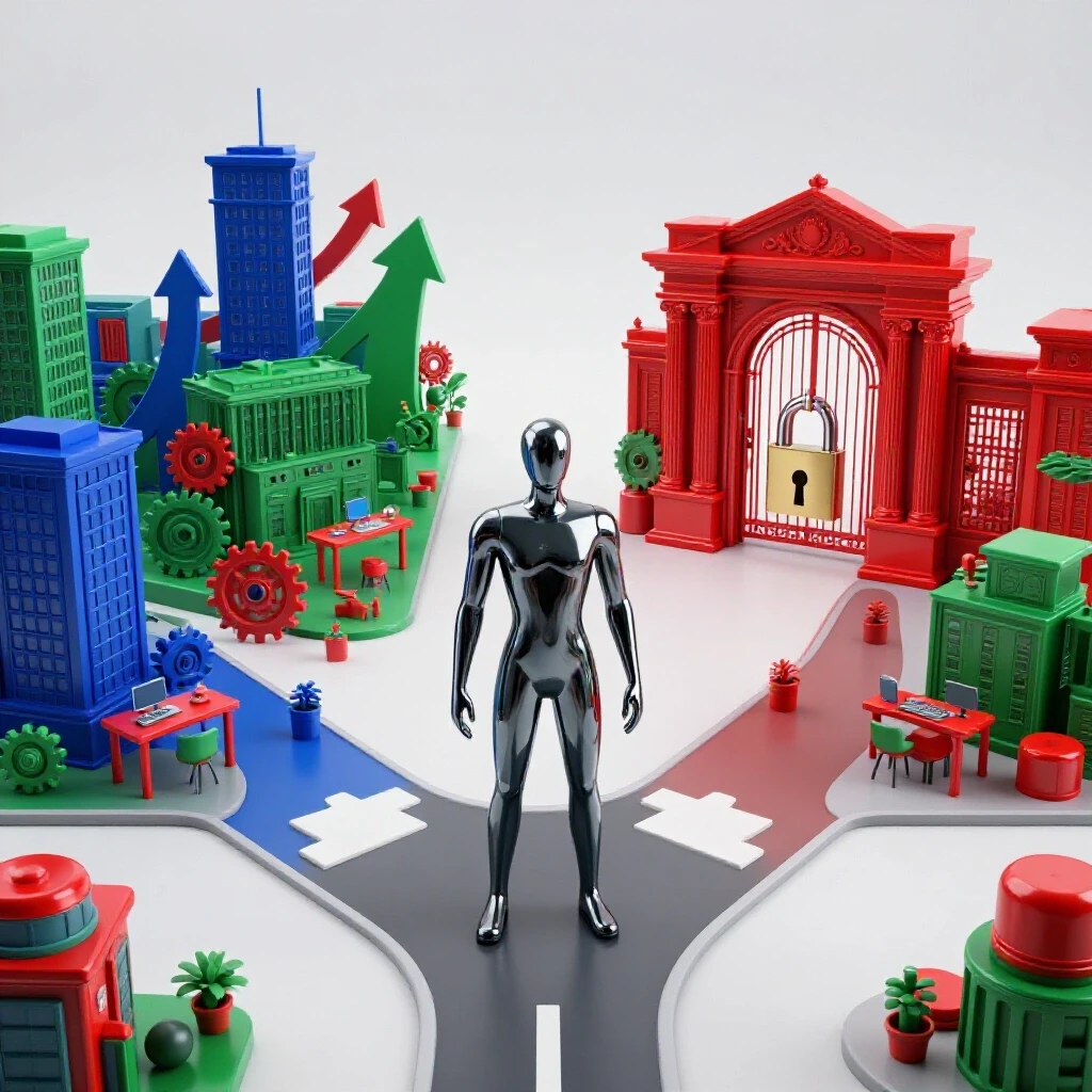 Abstract figure stands at crossroads; one path leads to vibrant workplaces, the other to a locked university gate.