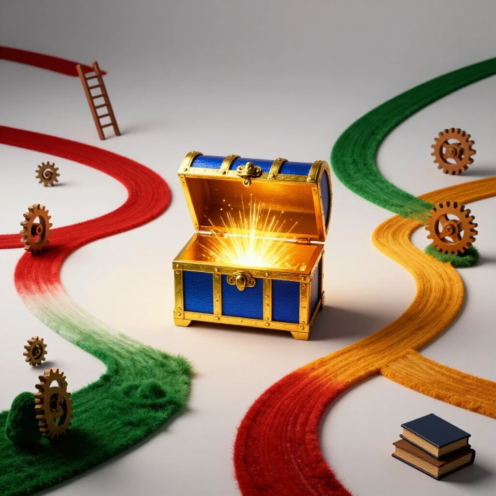 An open treasure chest glowing with radiant light, surrounded by winding paths and diverse symbolic objects representing alternative career opportunities, all on a bright background.