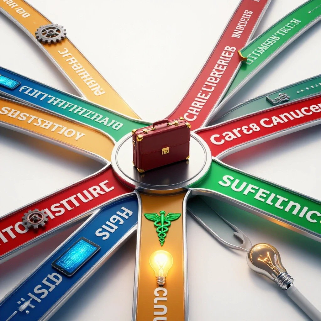 A central crossroads with a suitcase and vibrant paths branching into distinct career symbols on a bright background.
