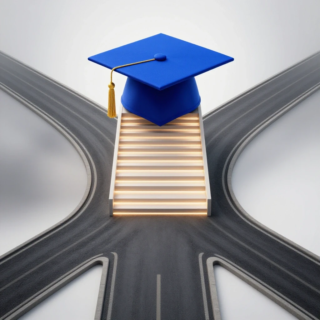 Split-scene crossroads with a royal blue graduation cap atop a bright staircase on one path, and the other path fading into uncertainty, set against a luminous white background.