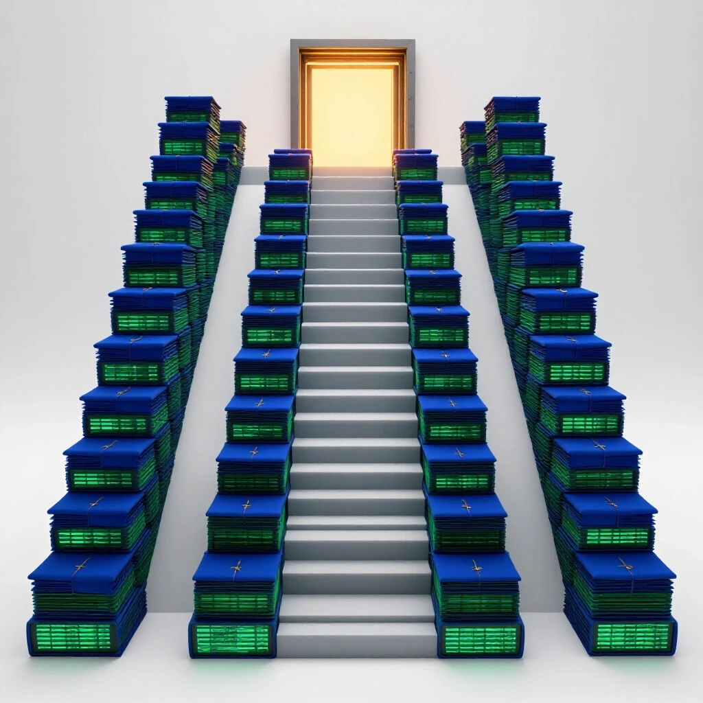 A vibrant staircase of diplomas and screens ascends to a glowing gateway, set against a bright white background.