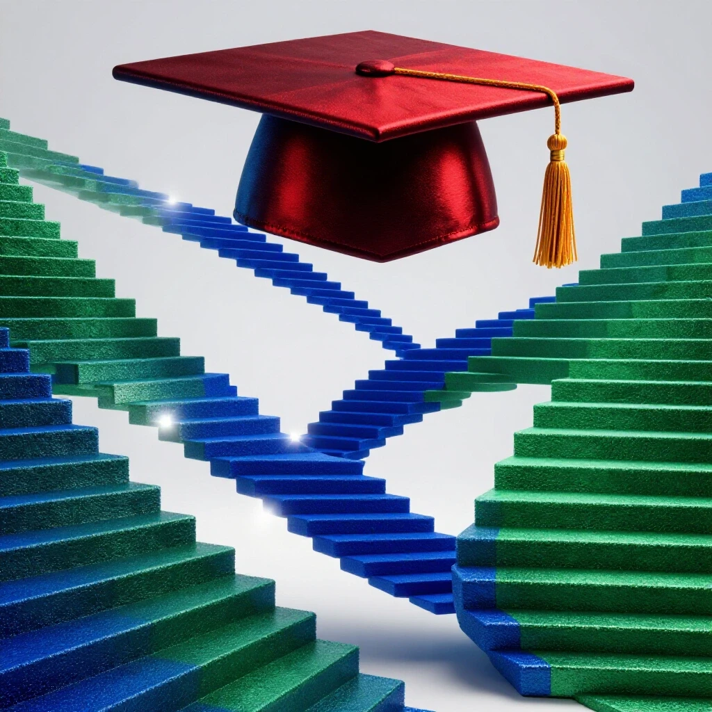 Glossy staircase in bold colors rapidly ascends and transforms into a vibrant graduation cap on a bright background.