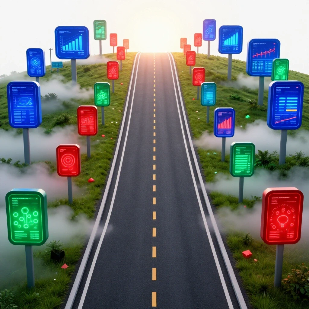 A winding road with glowing milestone markers and data symbols, moving from uncertainty to clarity in a bright scene.