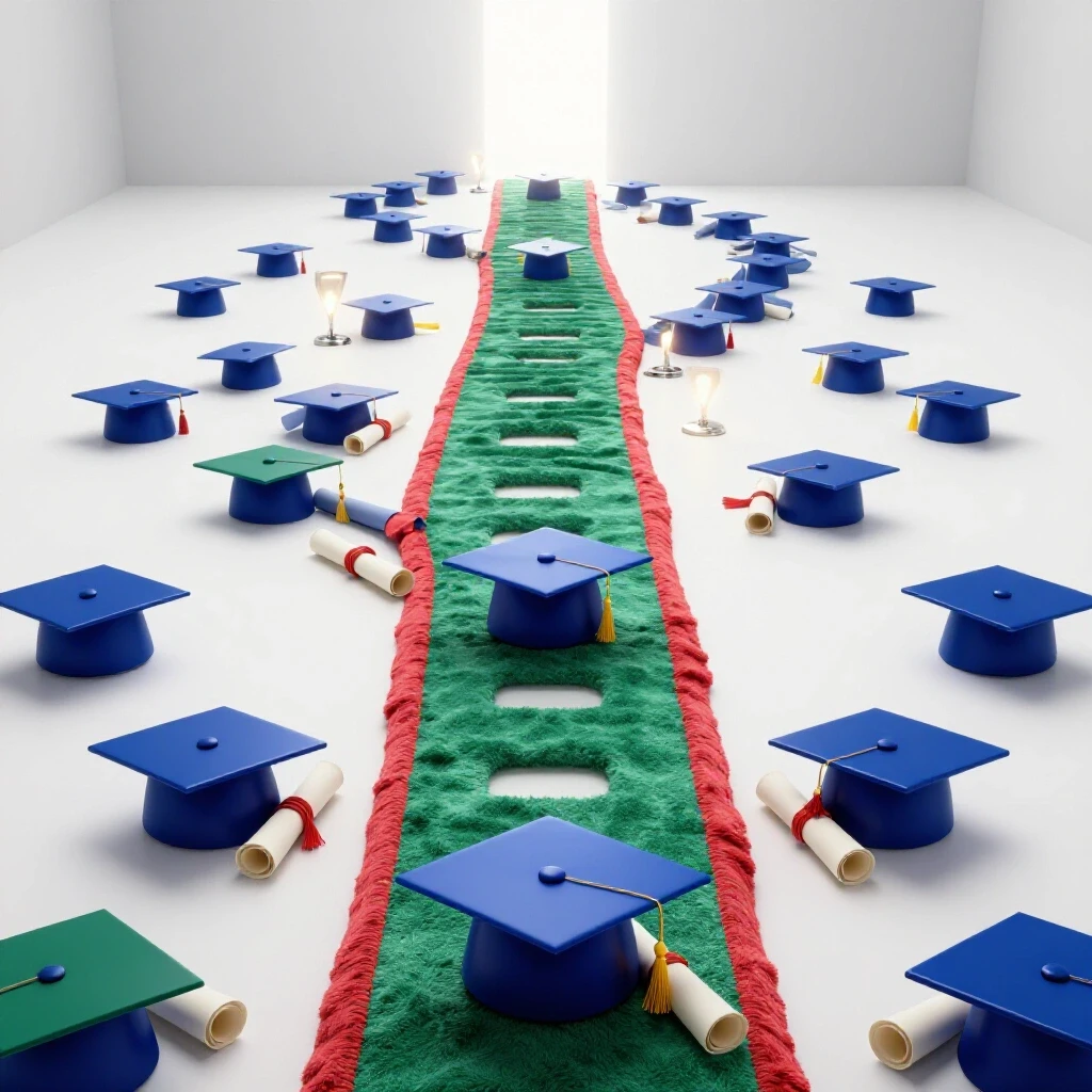 Winding path of vibrant graduation caps and diplomas ascends toward a glowing finish line with shining milestones.