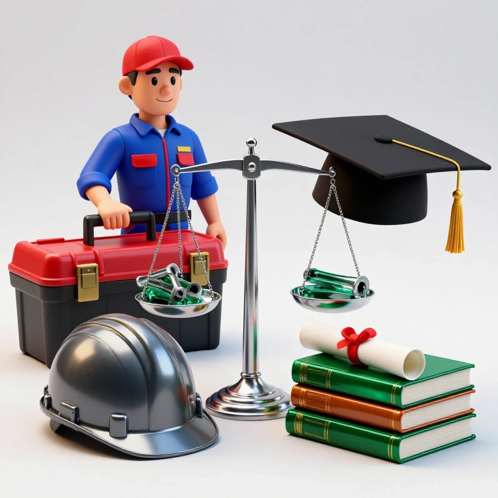 Split scene showing vibrant trade tools and graduation items balanced on shiny scales against a bright background.