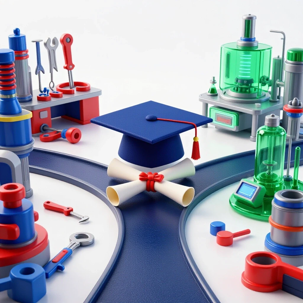 Graduation cap and diploma at a crossroads, one path leading to a colorful workshop and another to a modern tech lab, on a bright background.