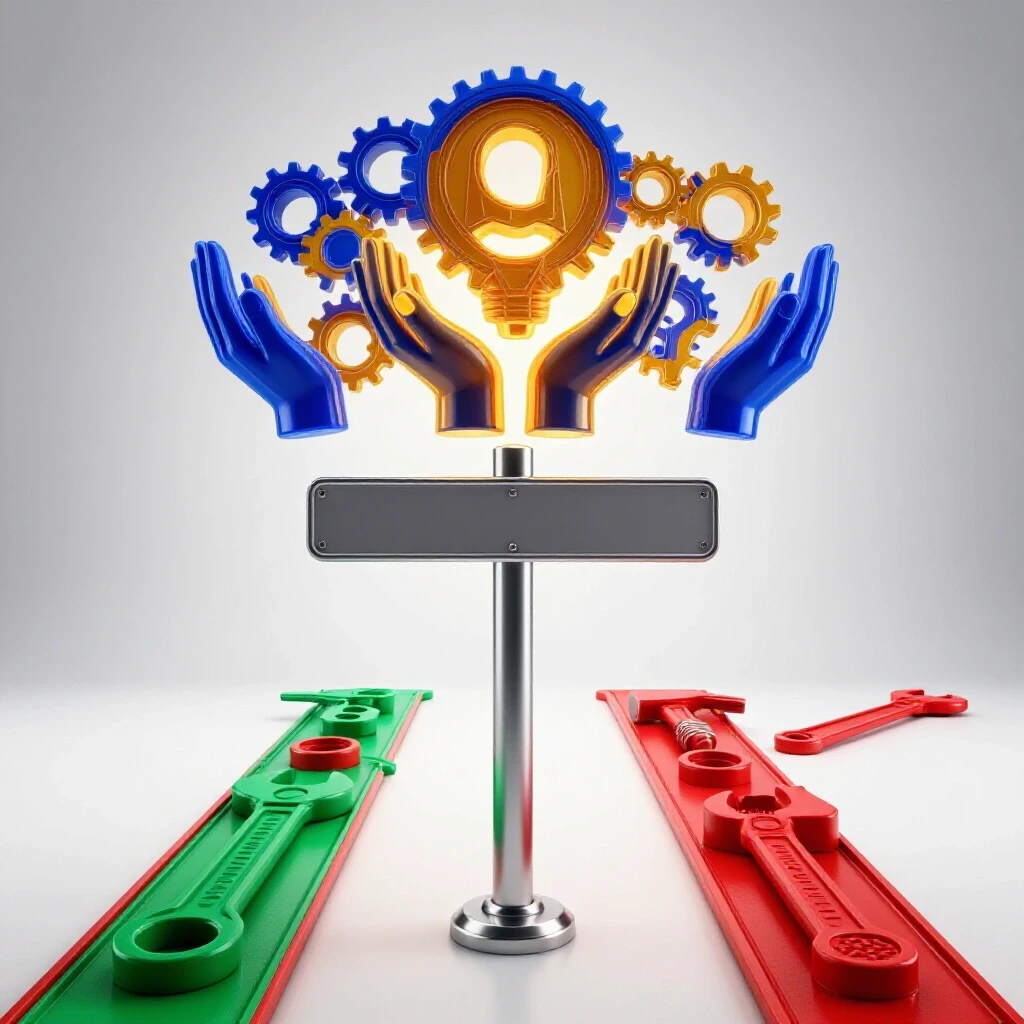 Vivid crossroads on a factory floor with metallic signpost, symbolic mentor icons, and colorful 3D tools poised at each path.