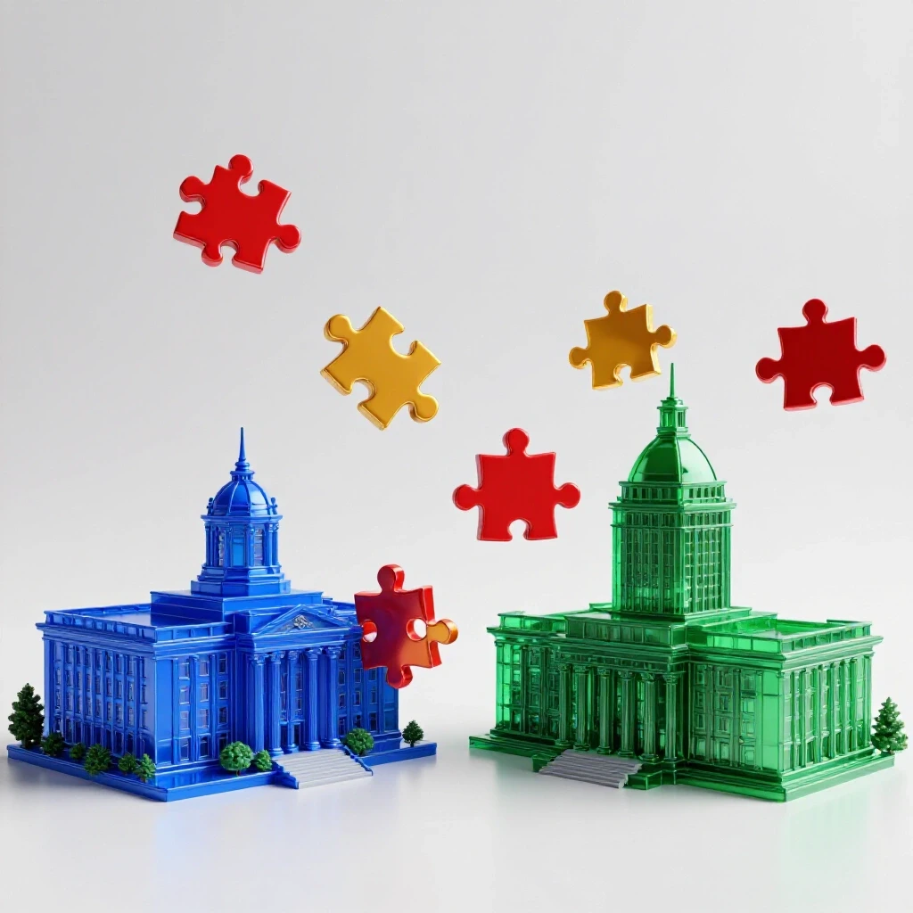 Vibrant puzzle pieces shaped like academic certificates connect two colorful glass-like campuses with bright contrast.