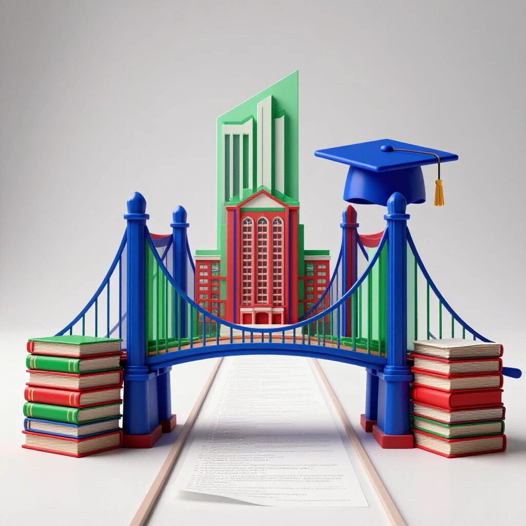 A vivid bridge made of stacked AP exam papers connects textbooks to a modern college campus icon with bright colors.