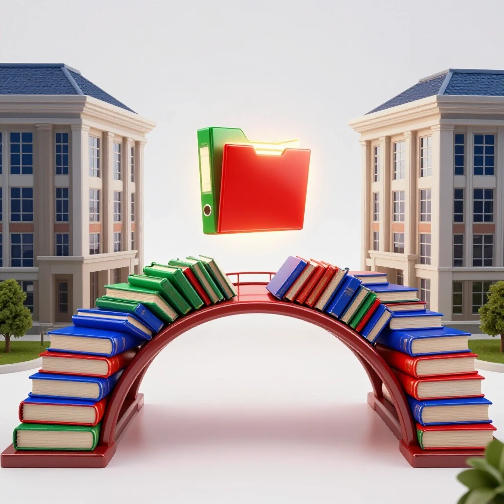 A glowing academic file folder bridges a gap between two campus buildings with vibrant books forming the path.