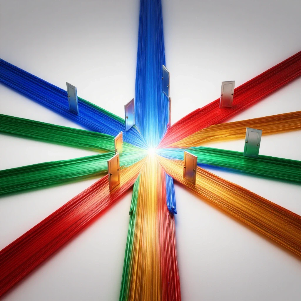 Vivid bridges of colored light merge into a central hub with open metallic doors, symbolizing transfer opportunities.