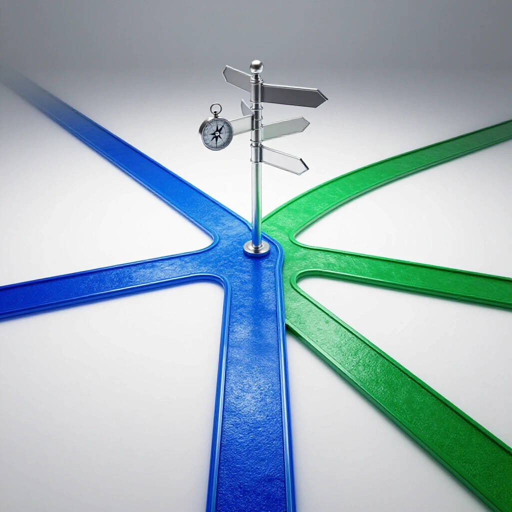Bright studio scene of glossy blue and matte green forked pathways meeting at a central crossroads with directional signs.