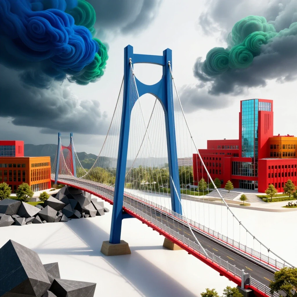 A vibrant, twisting bridge spans from a stormy landscape to a sunlit campus, symbolizing the transfer journey.