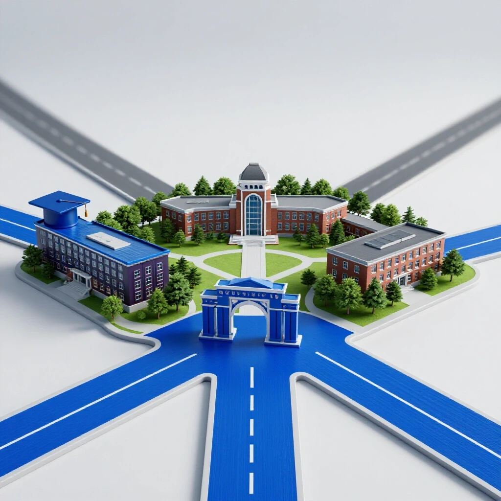 Vivid crossroads with bold pathways from high school to university, associate’s path fading behind