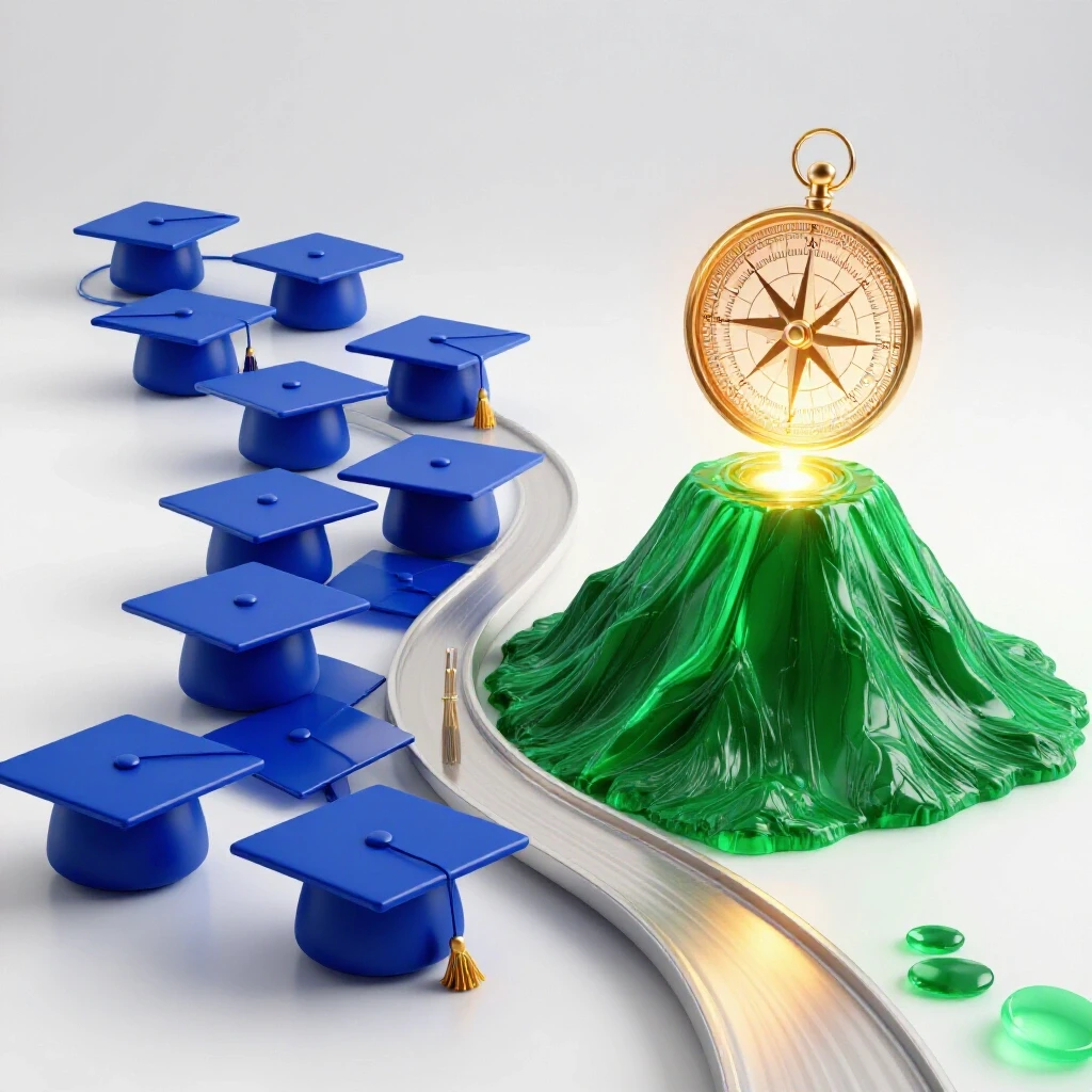 A forked path with graduation caps on one side and a glowing compass atop a vibrant mountaintop on the other, symbolizing career progression.
